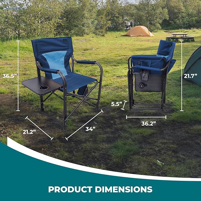 Bliss Hammocks 24 Volt Heated Directors Seat with 3 Heat Settings Folding Portable 21 Inch Wide Steel Frame Camping Chair - Battery Included Blue
