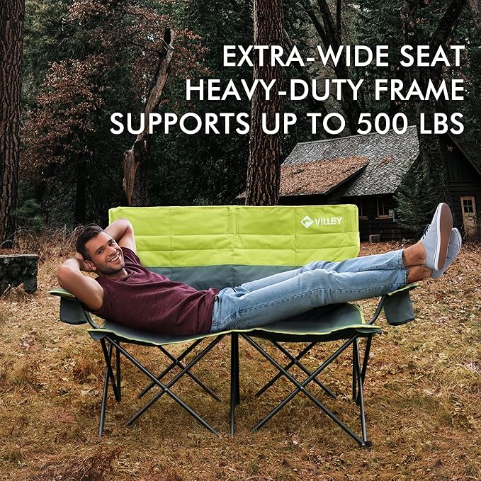 VILLEY Double Camping Chair Extra Wide Loveseat Heavy Duty Padded Camping Couch Portable Folding Camp Chair w/Carry Bag Steel Frame Cup Holders for Camping Lawn Picnic Sports Supports 500 LBS
