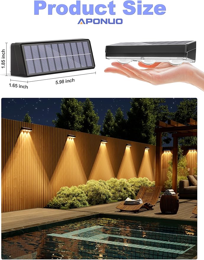 APONUO Solar Fence Lights Outdoor Waterproof Fence Lights Solar Powered 12 RGB Color Modes &amp Warm White &amp Cool White Fence Solar Light Outdoor for Backyard Patio Wall Deck Yard（8 Pack