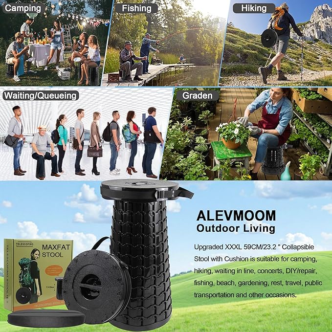 ALEVMOOM 2026 Upgraded XXL Collapsible Stool with Cushion &amp Bag Higher 23.2 Heavy Duty Telescoping Stool Max Load 1000 lbs Portable Retractable Folding Seat Chair for Camping Travel
