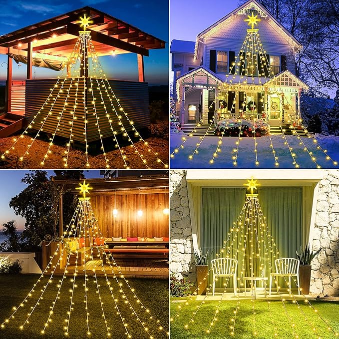 PUHONG Christmas Decoration Dippers Star String Lights16.4Ft 320 LED Christmas Tree Lights [8 Modes &amp Waterproof]with 11 Lighted Star for Halloween Xmas New Year Holiday Birthday (Warm White)