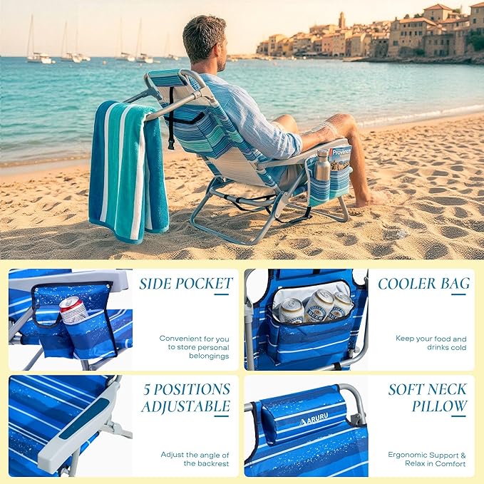 Beach Chairs for Adults 2 Pack Portable Folding Backpack Beach Chair Heavy Duty 5-Position Lay Flat with Cooler Bag Cup Holder for Outdoor/Lawn/Picnic/Camping