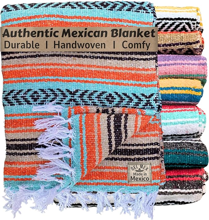 Del Mex Classic Mexican Blanket Large Authentic Woven Falsa Throw (70x50) Artisan Southwest Décor for Beach Yoga Outdoors (Mint/Tan/Orange)