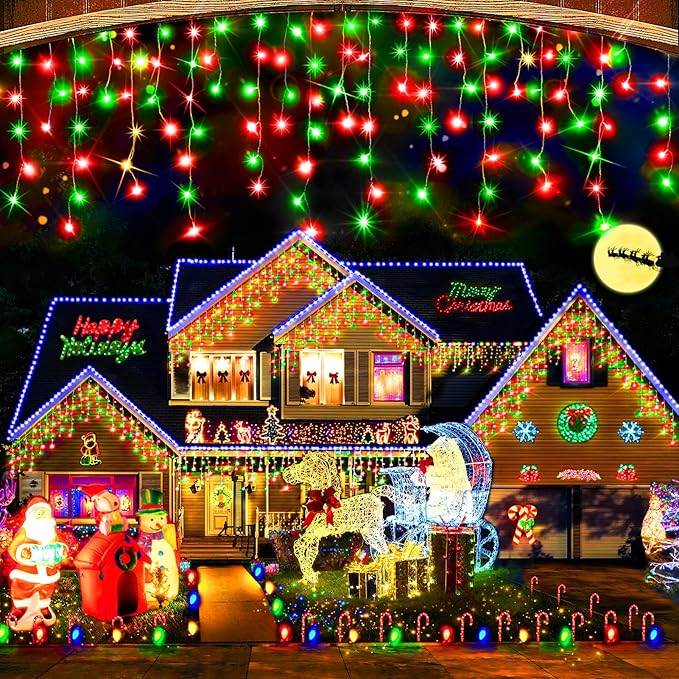 Hezbjiti Christmas Lights Decorations Outdoor 1600LED 164FT Ice Fairy Lights 8 Modes 320 Drops Fairy String Lights for Christmas Decor Eaves Party Yard Garden