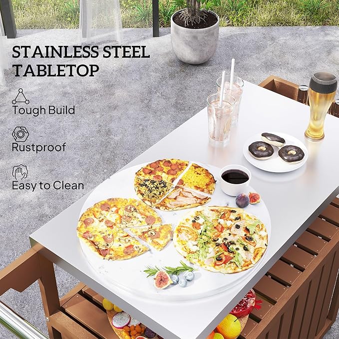 Outdoor Bar Cart with Stainless Steel Top 45.7x18.9x35in HDPE Structure 66lb Load Capacity Storage Cabinet Open Shelf Brown