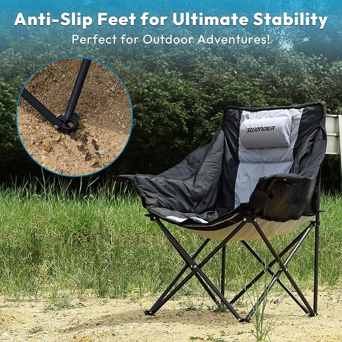 Swonder Oversized Moon Camping Chair with Innovative 2-in-1 Removable Seat Cushion for All Seasons Heavy-Duty Fully Padded Folding Outdoor Chair with Headrest and Carry Bag