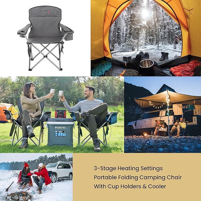 ARROWHEAD OUTDOOR Portable Heated Folding Camping Chair w/ 6-Can Cooler 3 Heat Settings Cup &amp Wine Glass Holder Heavy-Duty Carrying Bag Padded Armrests Battery NOT Included Supports up to 33
