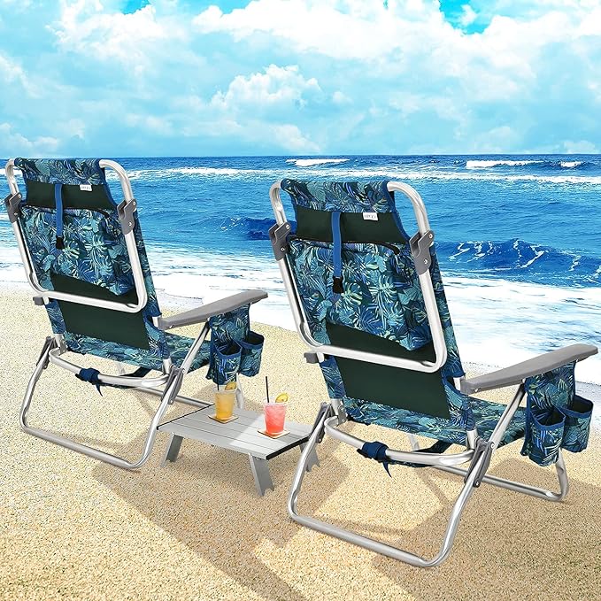 Giantex Folding Beach Chair Patio Sling Chairs with 5 Adjustable Position Head Pillow Storage Bag Towel Bar Cup Holders Backpack Chairs for Sunbathing Camping Chair