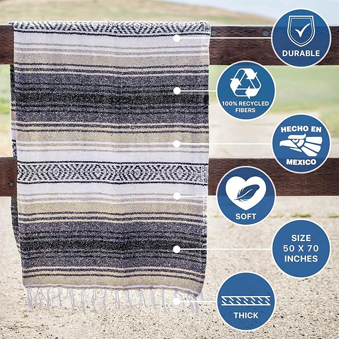Benevolence LA Authentic Handwoven Mexican Blanket | Yoga Blankets Outdoor Picnic Beach Camping | Equestrian Saddle | Serape 50x70 inches - Sand Pack of 1
