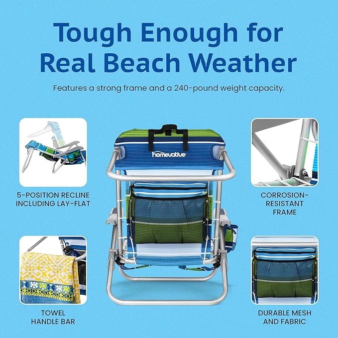 Homevative Cooler+ Folding Backpack Beach Chair with 5 Positions Towel bar XL Cooler Pouch Storage Net Cup and Phone Holder Deep Sea 2 Pack