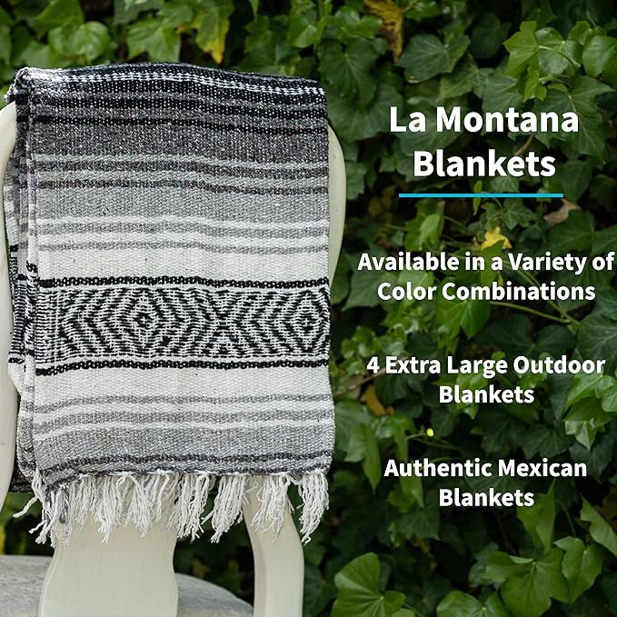 La Montana Mexican Blankets and Throws 4 Pack 74x50 - Made in Mexico Lightweight Yoga Blanket for Schools Studios Outdoors Camping Picnic Decor - Machine Washable Charcoal/Silver/White