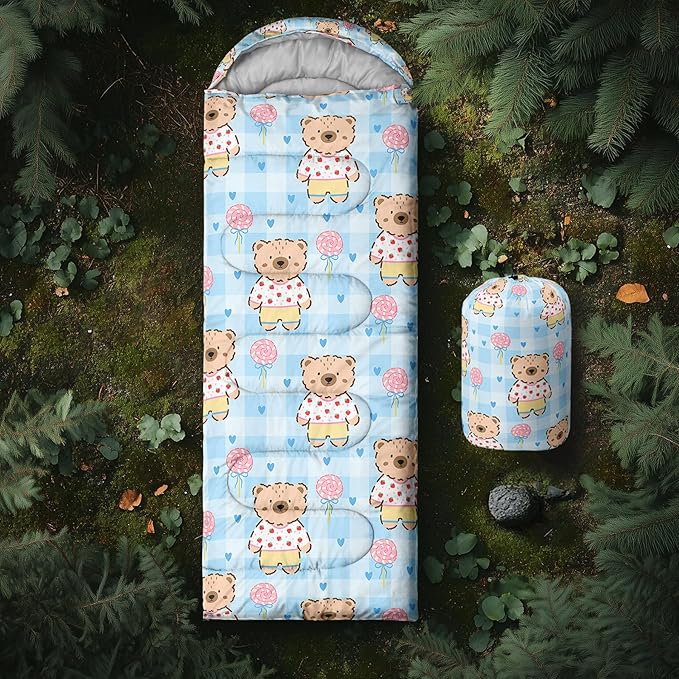 Cute Bear Sleeping Bag for Girls KidsKawaii Milk Tea Waterproof Portable Camping Bag3 Season Warm Cool Weather Lightweight Compact Camping Essentials Gear for Travelling Hiking Yellow