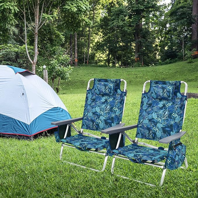 GYMAX Beach Chairs Backpack Camping Chair with Armrest Cooler Bag Cup Holder Towel Bar &amp Side Pockets Sunbath Sling Tanning Lounge Folding Layout Chair (4 Chairs Without Table Blue Leaves)