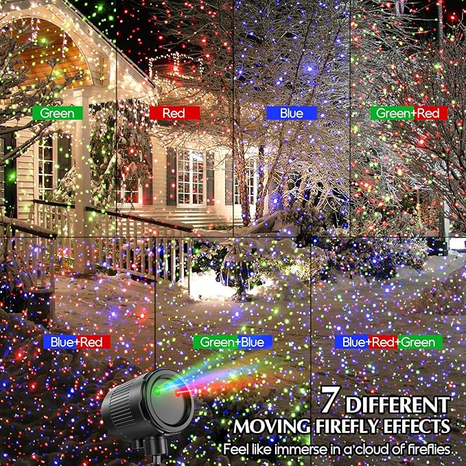 Laser Christmas Projector Lights Outdoor 3 Color Laser Projector Light Moving Firefly Lights Show w/Remote &amp Timer Waterproof Holiday Christmas Decorations for Garden Yard Party Wedding Home De