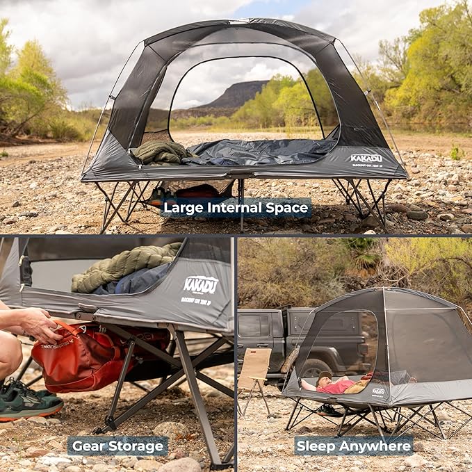 Kakadu Camping Tent Cot 2 Person Quick Setup Folding Compact Elevated Tent with BlockOut Rain Fly Awning Poles Ultra-Fine Mesh Windows and Carry Bag