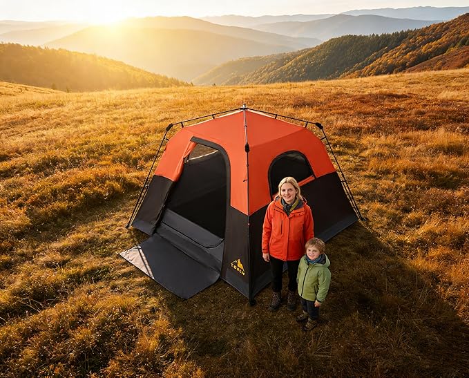 3/4 Person Camping Tent with 1 Door 4 Windows and Upgraded Ventilation– Instant Setup Waterproof 8'x 8'x 67''Oxford Fabric Floor Pop Up in 60 Seconds Includes Rainfly and Backpack