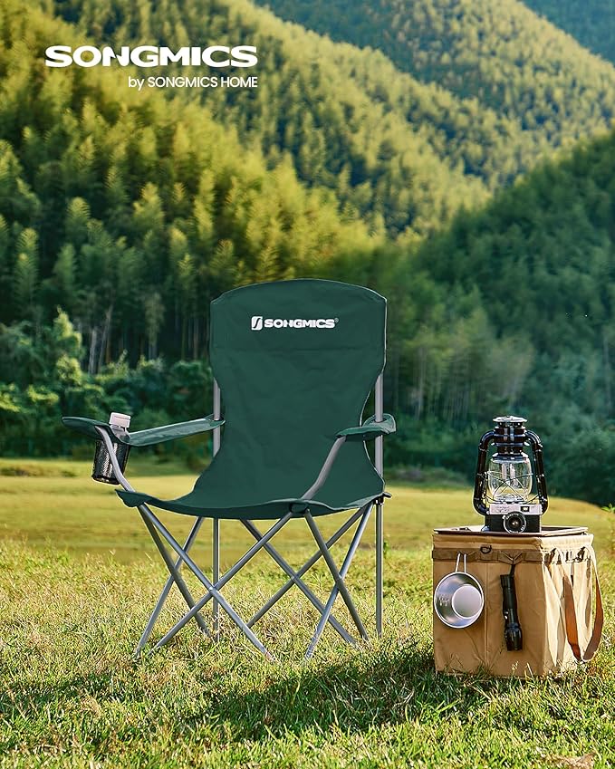 SONGMICS 2 Pack Folding Camping Chairs Load 330 lb Cup Holder and High Backrest Heavy-Duty Structure for Lawn Garden Fishing Terrace Dark Green UGCB08GN