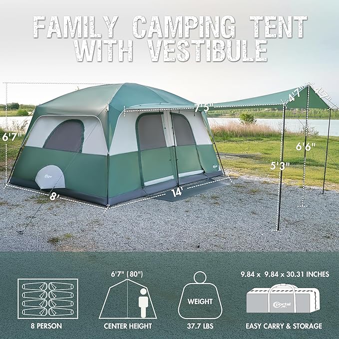 PORTAL 8 Person Tents for Camping Easy Setup Cabin Tent with Large Porch 2 Room Waterproof Family Camping Tent for Outdoor Camping Patio