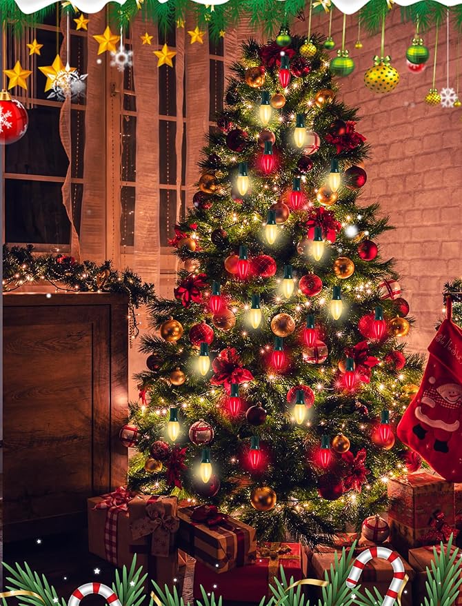 C7 LED Christmas Lights 25Ft Vintage C7 Christmas Lights with 27 LED Clear Red Frosted White Bulbs Hanging Connectable Xmas String Lights for Patio Garden Holiday Home Xmas Decor