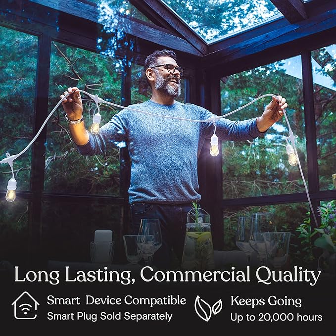 Brightech Ambience Pro Waterproof LED Outdoor String Lights 48 Ft Hanging Dimmable Vintage Edison Bulbs 15 Bulbs 2W