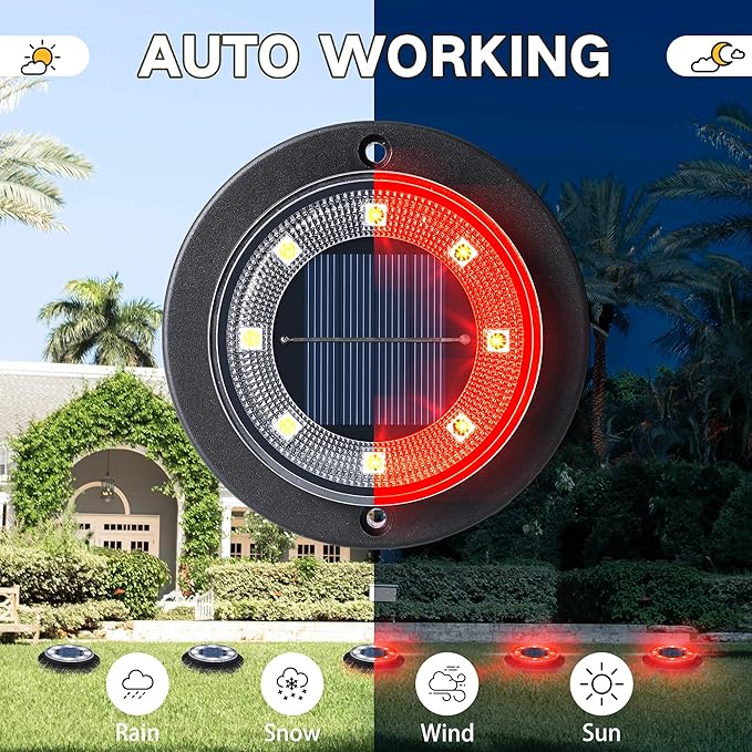 Flacchi Solar Ground Lights - Solar Powered Lights Outdoor Solar Disk Light Waterproof Landscape Light for Patio Yard Pathway Walkway Driveway (Red 12 Pack)