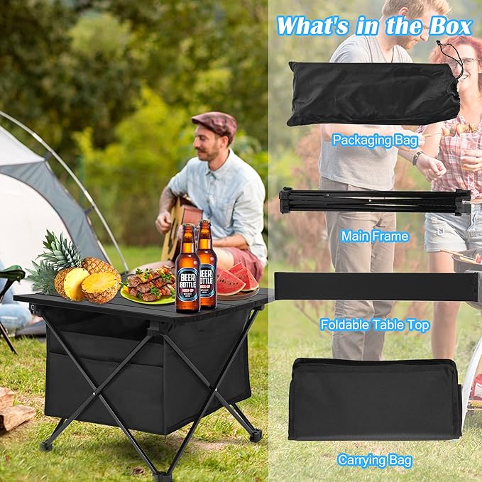 Portable Folding Aluminum Alloy Camping Table with High-Capacity Storage and Carry Bag Medium Size for Camping Traveling Hiking Fishing Beach BBQBlack