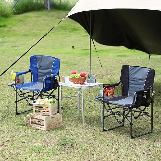 Oversized Camping Directors Chair Portable Folding Lawn Chairs for Adults Heavy Duty with Side Table Outdoor Foldable Camp Chair with Pocket for Beach FishingPicnic (2 Blue/Grey Oversized)