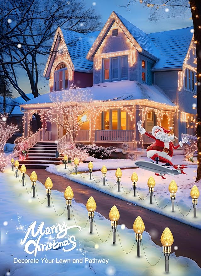 Brightown 2 Pack Strawberry C9 Christmas Pathway Lights Outdoor - Total 34.8 Feet 20 LED Christmas Walkway Lights Christmas Lights Outdoor Decorations for Yard Lawn Holiday Outside Warm White