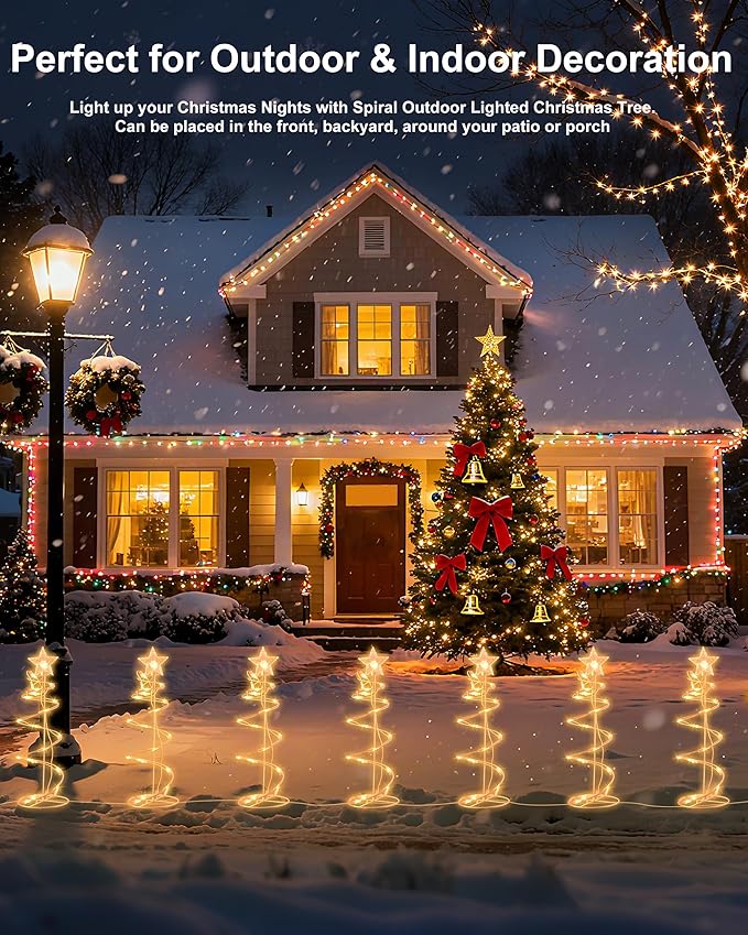 Spiral Christmas Tree Pathway Lights 4 Pack - Warm White Spiral Lighted Christmas Lights Waterproof - Plug in Collapsible Pathway Light for Outdoor Indoor Christmas Yard Decorations