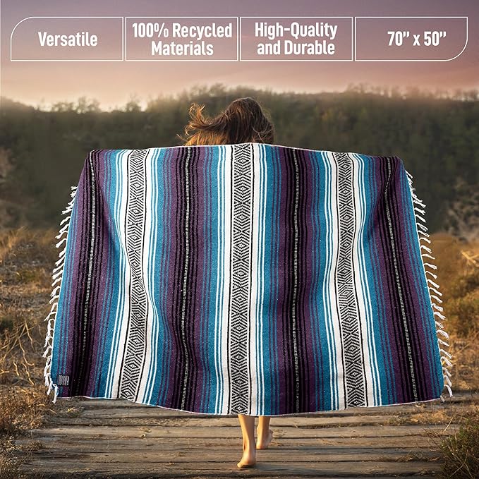Hydration Nation Authentic Extra Large Mexican Blanket (70x50) - Handwoven Yoga Serape- Artisanal Falsa Beach Camping Picnic Outdoor - Purple Haze