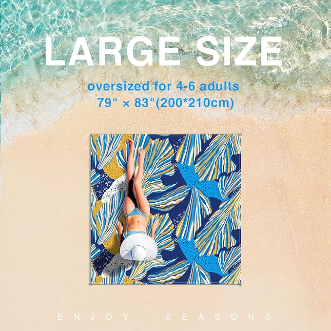 Beach Blanket Waterproof Sandproof Beach Mat Oversized 79 X 83 Inch for 4-6 Adults Lightweight Picnic Blanket Portable Picnic Mat for Outdoor Travel Camping Hiking with 4 Stakes &amp 4 Corner Pock