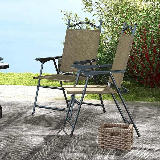 Folding Patio Chairs Set of 4 Sports Chairs for Adults Camping Chairs with Armrests Breathable Mesh Fabric Seat for Lawn Beige