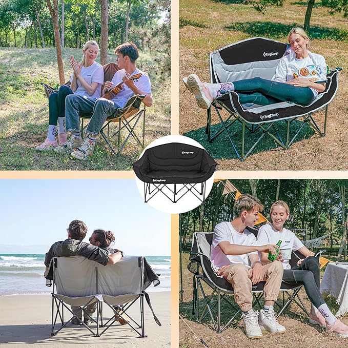 KingCamp Double Camping Chair Oversized Heavy Duty 550lbs Loveseat for Adults Portable Folding XL 2 Person Couch Padded Comfortable Two Seat with Cup Holder for Outdoor Lawn Backyard Black