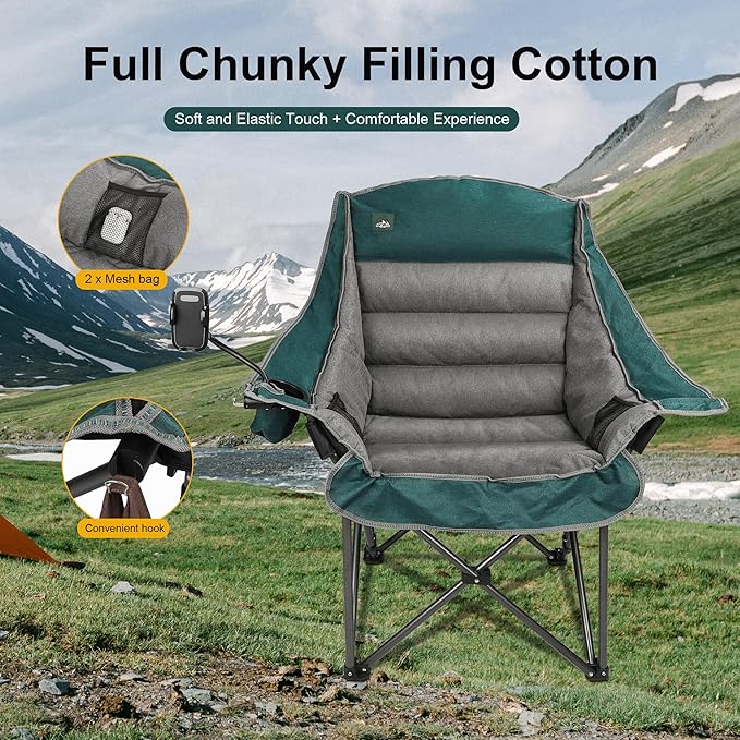Northroad Oversized XL Padded Camping Chair w/Cell Phone Holder Large Camp Lounge Chair Foldable Lawn Chair w/Cup HolderCarry Bag for Outdoor Hiking Beach Picnics Heavy-Duty 400-lbs Capacity