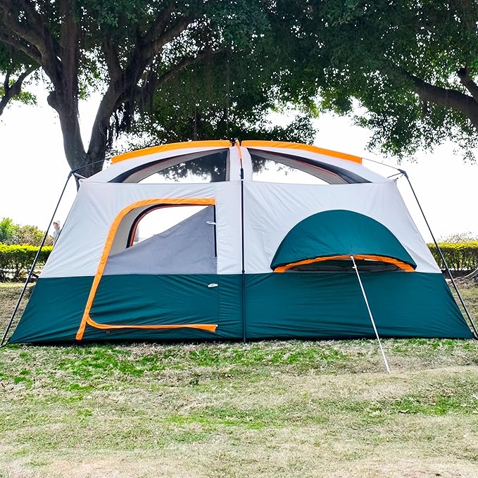 KTT Extra Large Tent 10-12-14 Person(B)Family Cabin Tents2 Rooms3 Doors and 3 Windows with MeshStraight WallWaterproofDouble LayerBig Tent for OutdoorPicnicCampingFamily Gathering