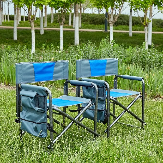 Folding Camping Chair with Storage Pockets Directors Chairs Foldable for Adults Camping Chair &amp Picnic Chairs for Outdoor Beach Fishing Heavy Duty Supports 400 LBS (Blue 2)