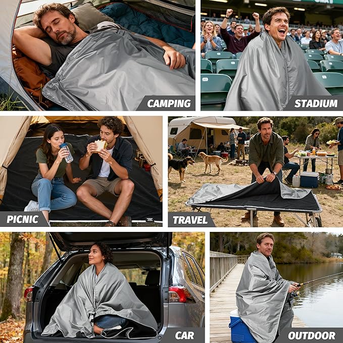 Fleece Waterproof Outdoor Blanket - Windproof Stadium Blanket for Camping Picnics and Sports Stay Dry and Comfortable 80x 58(Gray)