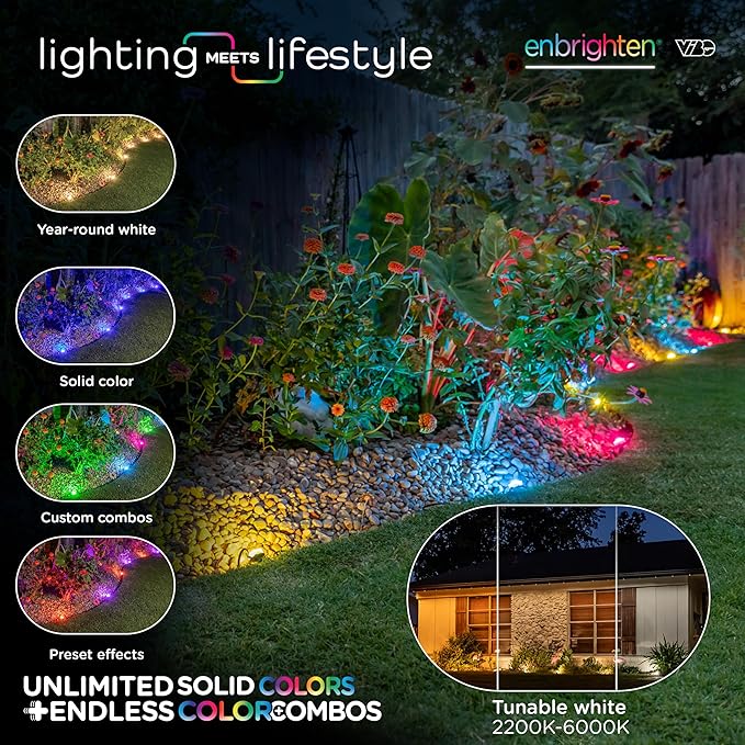 Enbrighten Vibe Eternity Landscape Lights 33ft 8 RGBWIC LEDs Weatherproof Perfect for Garden Pathway and Home Exterior Lighting Smart App Control Compatible with Alexa Google Home 83789