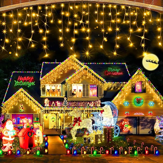 Hezbjiti 800LED Ice Lights 66FT Christmas Lights String Lights Outdoor Decoration 8 Modes 75 Drops Fairy Lights for Eaves Party Yard Garden Xmas Decor