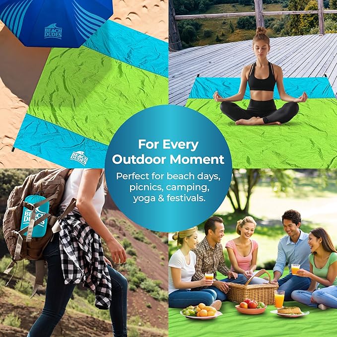 Green Spirit Oversized Beach Blanket - 108x84 XL Sandproof Water-Resistant Picnic Mat | Lightweight Ripstop Nylon for Travel &amp Camping | Includes 4 Stakes and Carry Bag