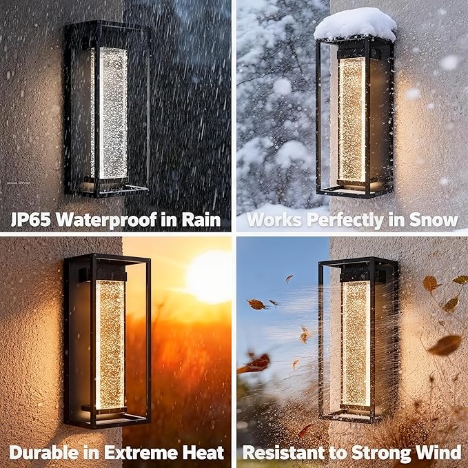 16 Inch Modern Outdoor Wall Sconce Matte Black Waterproof Exterior Wall Light with Metal Frame and Crystal Bubble Glass LED 3000K Warm White Lantern for Porch Garage Patio Lighting (2 Pack)