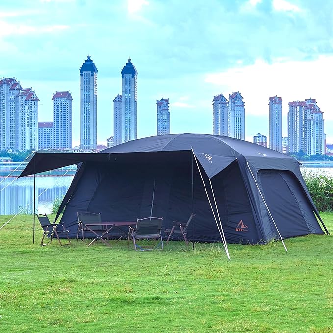 KTT Extra Large Tent 12-14 PersonFamily Cabin Tents2 RoomsStraight Wall2 Doors 4 Windows with MeshWaterproofStraight WallBig Tent for OutdoorPicnicCampingGathering(Brown)