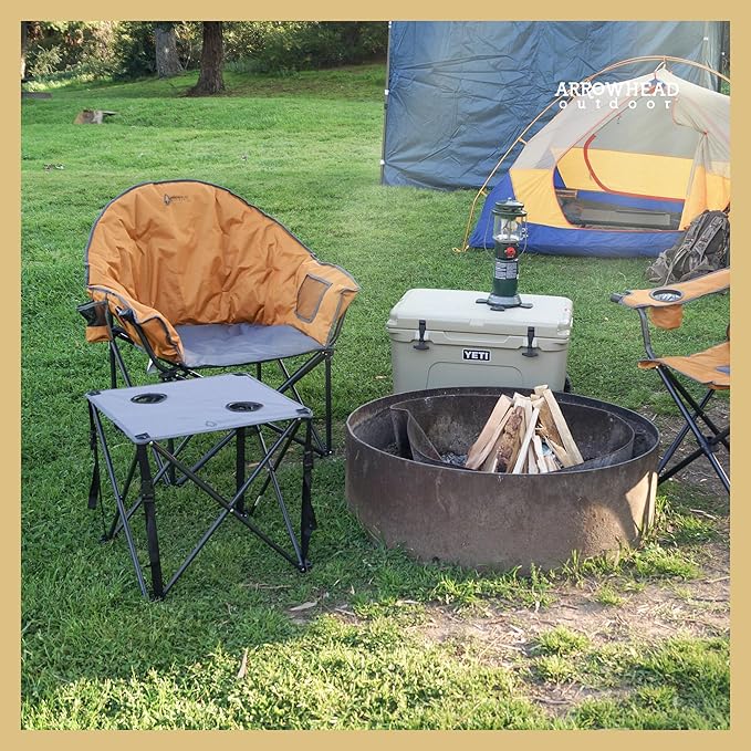 ARROWHEAD OUTDOOR Oversized Heavy-Duty Club Folding Camping Chair with Pocket Cup Holder Portable Padded Moon Round Saucer Supports 330lbs Carrying Bag