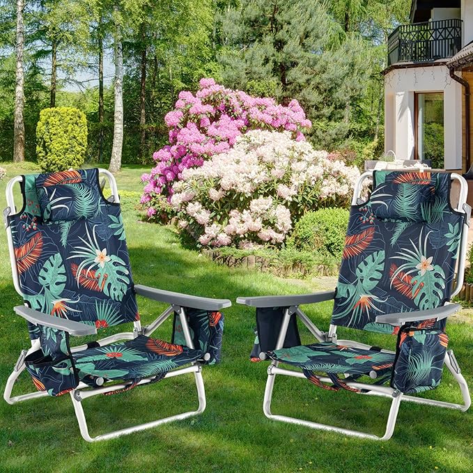 Backpack Beach Chair 5 Position Adjustable Camping Chairs with Head Pillow Cooler Bag Towel Bar Cup Holders Portable 2-Pack Folding Beach Chairs for Adults (Without Table Floral Pattern)