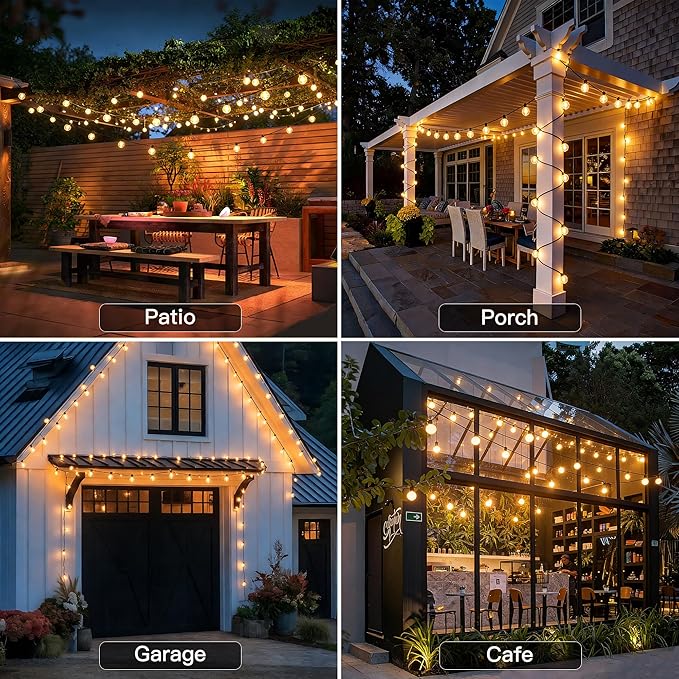 50FT Outdoor String Lights with Remote Dimmer 25 + 2 Spare Led G40 Bulbs Connectable Dimmable Balcony Lights Support Timer Waterproof Shatterproof for Patio Porch Garage Cafe