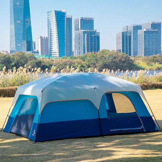 KTT Extra Large Tent 10-12-14 Person(Style-B)Family Cabin Tents2 Rooms3 Doors and 3 Windows with MeshStraight WallWaterproofDouble LayerBig Tent for OutdoorPicnicCampingFamily Gathering