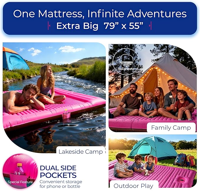 Premium Double Sleeping Pad for Camping - Camping Mattress 2 Person XL with Built-in Pump - 6.9 Thick Camping Beds for Adults - Indoor Beach &amp Pool Use