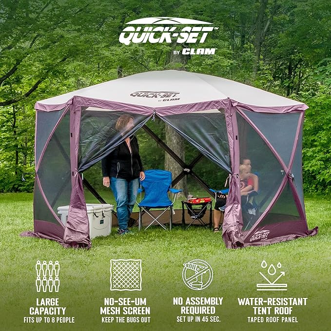 CLAM Pop-Up Screen Tent 11.5' Outdoor Camping Gazebo Portable 6-Sided Canopy with Ground Stakes &amp Carry Bag Escape Plum