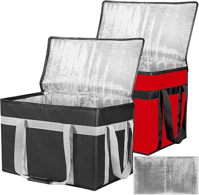 XXXL 2 Pack Insulated Food Delivery Bag with Removable Hard Bottom Reusable Insulated Grocery Bag for Hot and Cold Food Catering Cooler for Doordash Warmers Parties (Black+Red)
