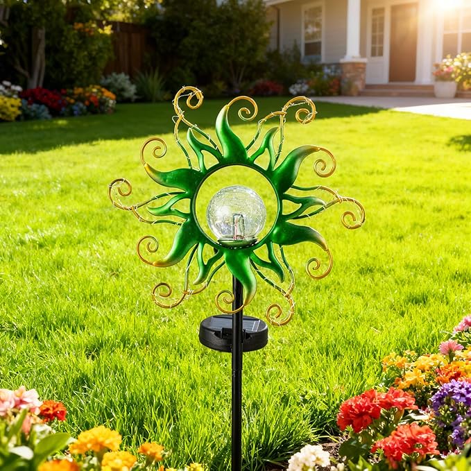 Solar Garden Lights Outdoor Green Metal Sun Stake with 30 LED Waterproof Vine String Crackle Glass Spring Decor for PatioYardrLawn Gardening Birthday Gifts